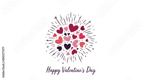 A cluster of colorful hearts in various sizes and shades of pink, red, and purple, radiating lines and stars on a white background