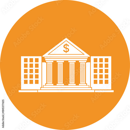 White bank building with columns and dollar sign on orange circle background architecture finance