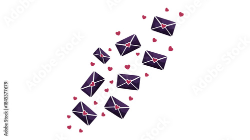 A flat illustration of several purple envelopes with white borders and red hearts flying through the air surrounded by small pink hearts