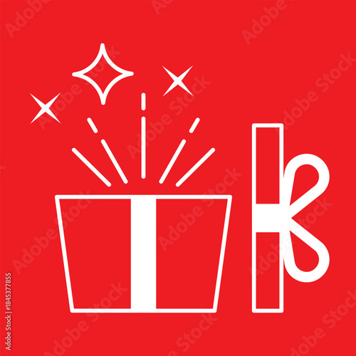 Gift box white icon isolated on red background. Simple present and packaging symbol for celebrations, holidays, birthdays, gifting, and festive design projects. Clean and minimal style.
