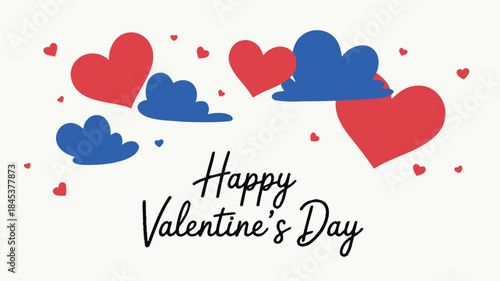 Several heart shaped clouds and hearts in red, blue, and pink hues on a beige background for valentine's day