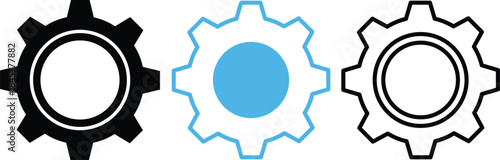 Three stylized gears black blue outline and solid black cogwheel mechanical