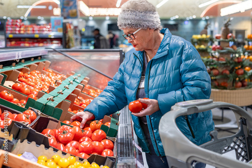 Fotografi Senior woman comparing and selecting fresh tomatoes in produce section of modern supermarket