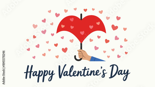 A hand holds a red heart shaped umbrella with pink hearts floating around on a beige background with happy valentines day text
