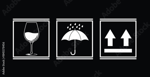 White of glass, umbrella and up arrows on black background rain packaging symbols