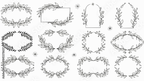 Collection of Hand Drawn Floral Wreaths and Frames for Decorative Use.