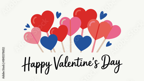 Colorful heart shaped lollipops on sticks with happy valentine's day text on white background