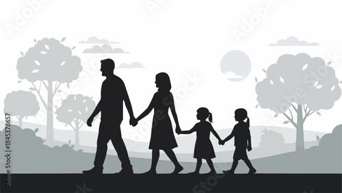 Silhouette of a family walking together holding hands.