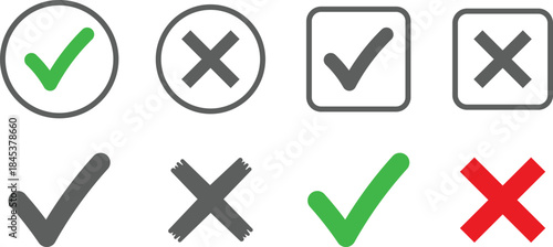 Green checkmark and red cross symbols in circles and squares tick cancel
