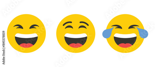 laugh emoji icon set showing multiple laughing face emoticons and lol reactions in a clean generic style, suitable for social media graphics, messaging apps, comment systems, and expressive user inter