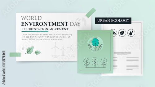 World Environment Day illustration featuring reforestation movement and urban ecology concept. Clean layout with eco icons, trees, renewable energy elements, and green design. Suitable for environment