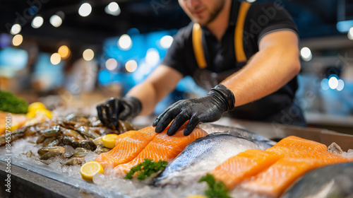 Faceless fishmonger sorting fresh seafood on icy market display wearing protective black gloves, maintaining strict quality standards, professional fish handling, defocused stall, 
