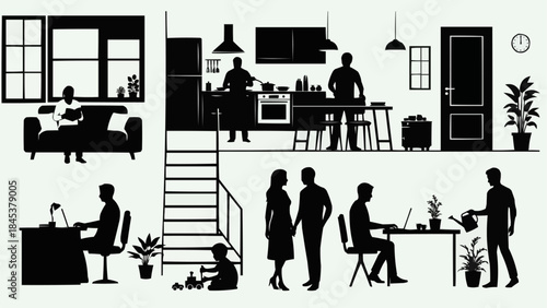 Silhouettes of people engaged in various daily activities within a home environment.