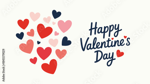Colorful hearts in various sizes and shades float next to a happy valentine's day greeting on a cream background, ideal for holiday