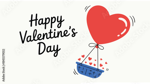 A large red heart shaped balloon floats in air tied to blue basket with small hearts spilling out on white background with happy valentines