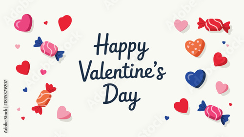Colorful valentine's day hearts and candies on cream background with happy valentine's day text