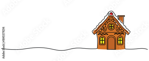 snow covered brown gingerbread house with lights One Continuous line art drawing vector illustration, outline Hand drawn heart line art banner poster background transparent isolated clipart copyspace