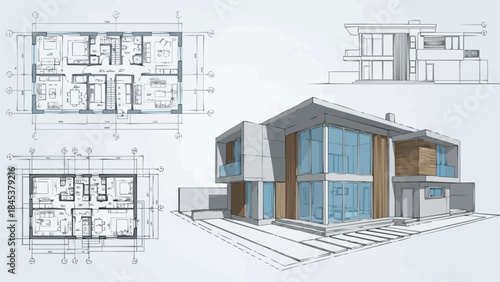 Modern Architectural House Design Blueprints and 3D Rendering.
