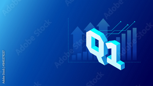 Q1 business presentation background with Q1 isometric lettering, and arrows up financial growth on dark blue background. Vector modern illustration for the first quarter business presentations slides