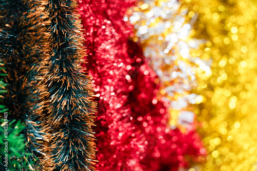 Celebration backdrop, party decorations . Festive colorful  tinsel