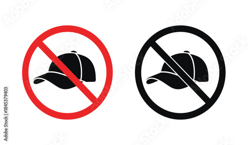This image depicts two circular prohibition signs one with a red circle and slash the other black both featuring a baseball cap silhouette
