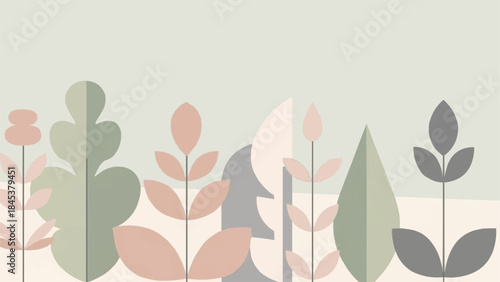 Abstract Minimalist Botanical Illustration with Pastel Leaves and Stems.