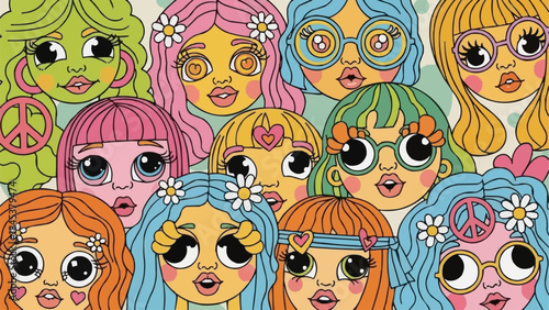 Vibrant Retro Hippie Girls Faces Pattern with Peace Signs and Flowers.