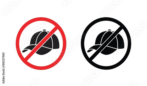 This image displays two circular prohibition signs both featuring a black cap with a bill indicating that caps are not allowed in this area