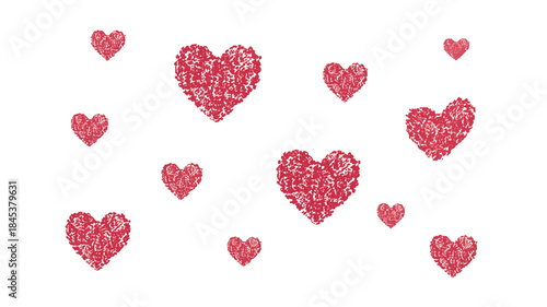 Multiple heart shaped icons made of tiny hearts floating on white background with vibrant red color and textured effect for love symbol