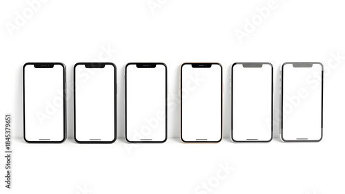 Smartphones stand in a neat row on a clean white backdrop, showcasing modern mobile devices. Ideal for technology, electronics, and digital lifestyle visuals, product mockups, or app showcases.