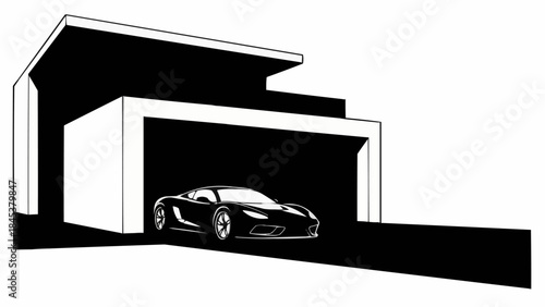 Sleek Black Sports Car Parked in Modern Garage Entrance.