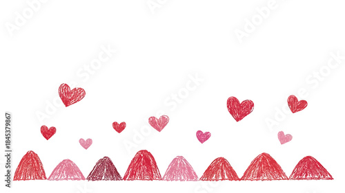 Minimalist floating heart shaped mountains in pink and red hues on white background