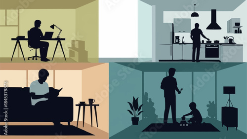People engaged in various home activities including work cooking and leisure.