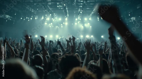 Energetic concert crowd cheering and raising hands under vibrant bright stage lights at a nighttime live music festival with a massive audience