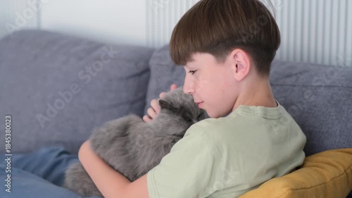 Boy stroking his cat head with hand while sitting on the sofa. Little boy's hand caressing a pet on the bed, close-up