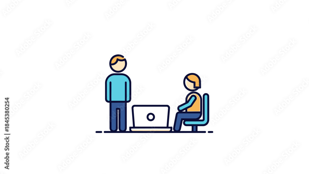 Obraz premium Two people interacting with a laptop computer in a modern office setting.