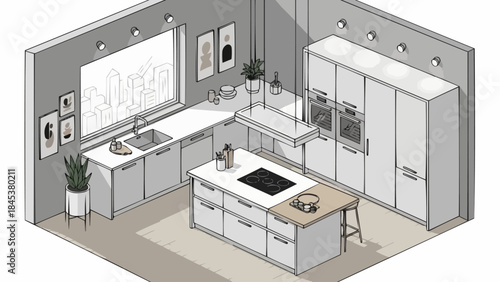 Modern Isometric Kitchen Design with Island and Appliances.