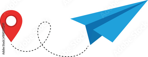 Red location pin and blue paper airplane flying on dotted line path map marker destination