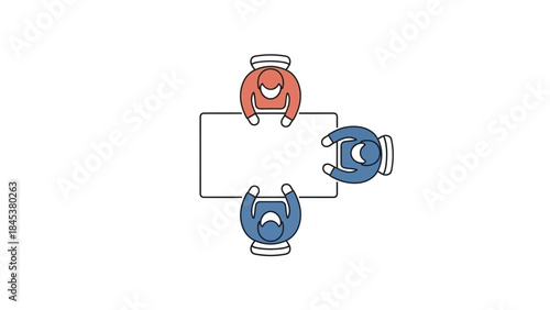 Top view of three people sitting around a rectangular table discussing ideas.