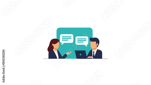 Two business people having a conversation with speech bubbles and a laptop.