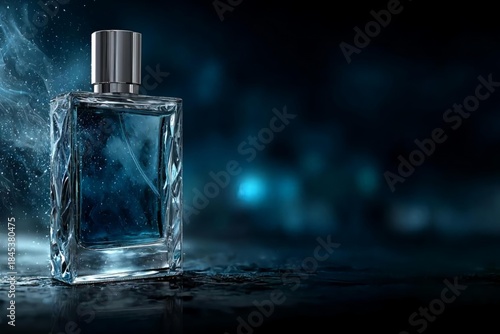 Luxury Glass Perfume Bottle with Blue Liquid on Dark Background