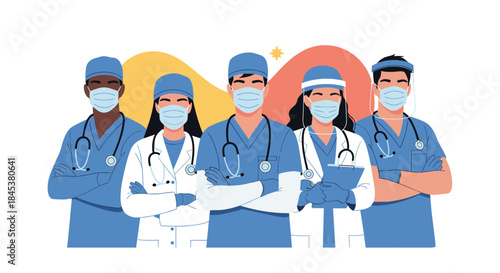 Diverse team of confident doctors and nurses wearing face masks and standing together with their arms crossed, ready to help.