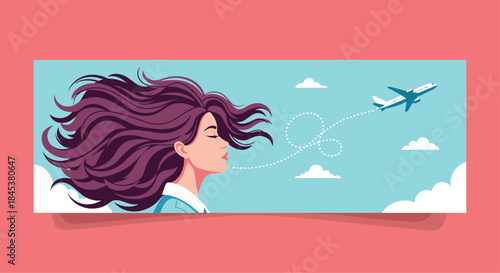 Young woman with her hair blowing in the wind dreams of traveling as an airplane flies in the sky above her head.