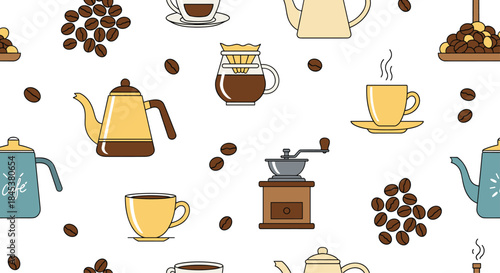 Seamless pattern with various coffee-making equipment like pots, grinders, and drippers, along with cups and coffee beans.