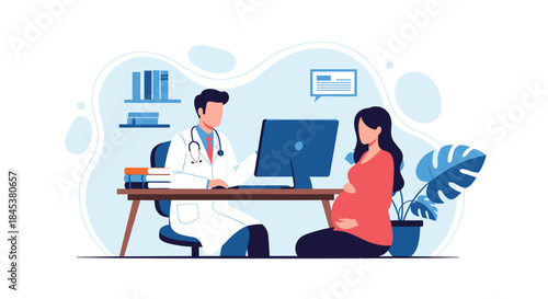 Male doctor sitting at his desk with a computer is consulting a pregnant woman during a prenatal checkup in his office.