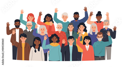 Large and diverse crowd of people of all ages and ethnicities are happily waving their hands in a welcoming gesture.