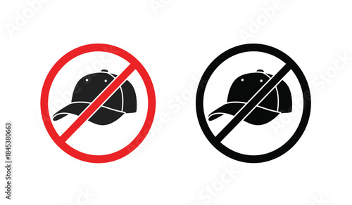 This image depicts two clear prohibition signs each showcasing a baseball cap with a diagonal line indicating that caps are not allowed