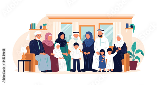 Large, multi-generational Arab family with grandparents, parents, and children is posing together for a group portrait at home.