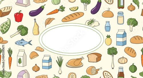 Food background with a variety of healthy groceries like vegetables, bread, milk, and fish, with a blank oval frame for text.