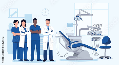 Diverse team of professional dentists and dental assistants are standing together in a modern, well-equipped dental office.